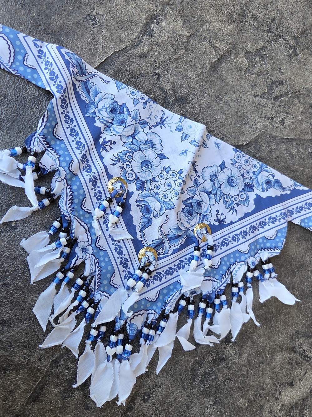 Vintage Blue Floral Handkerchief Bandana Scarf with Beaded Fringe